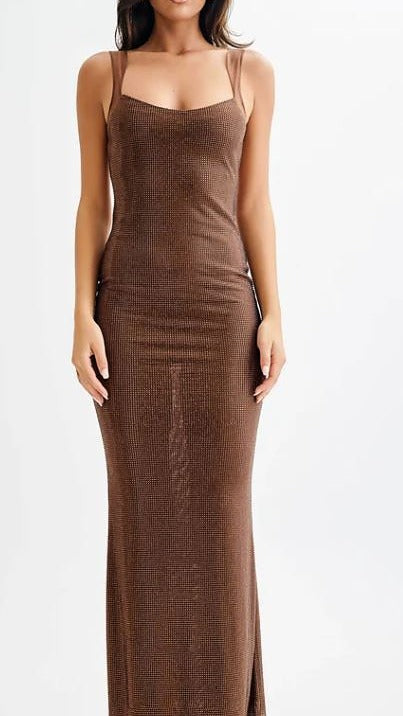 Meshki Jasmyn Hot Fix Maxi Dress With Mesh Back - Chocolate XS West End Wardrobe - Dress Rental Meshki Jasmyn Hot Fix Maxi Dress With Mesh Back - Chocolate XS West End Wardrobe - Dress Rental