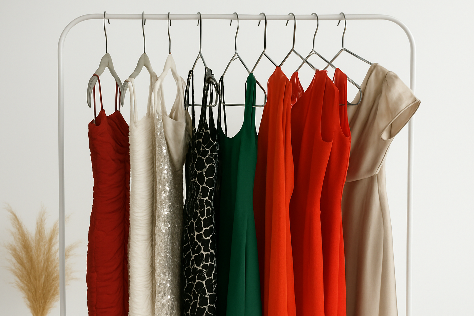Collection of dresses on hangers against a white background