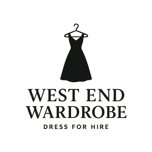 Logo of West End Wardrobe, a dress for hire business in North Brisbane with a black dress on a hanger on a white background